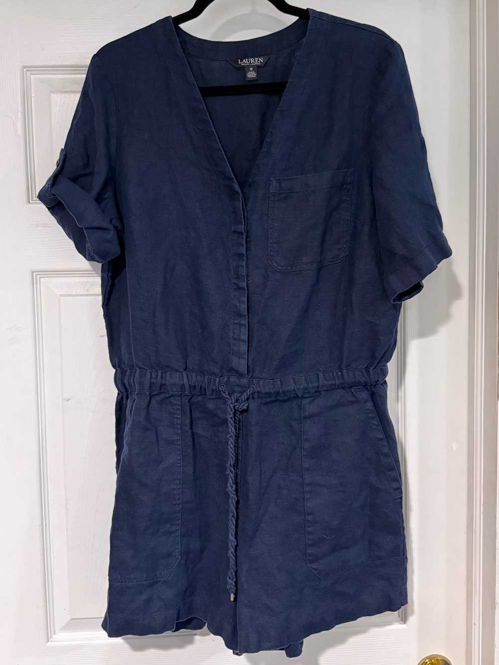 Lauren Ralph Lauren Navy Linen Short-Sleeve Romper